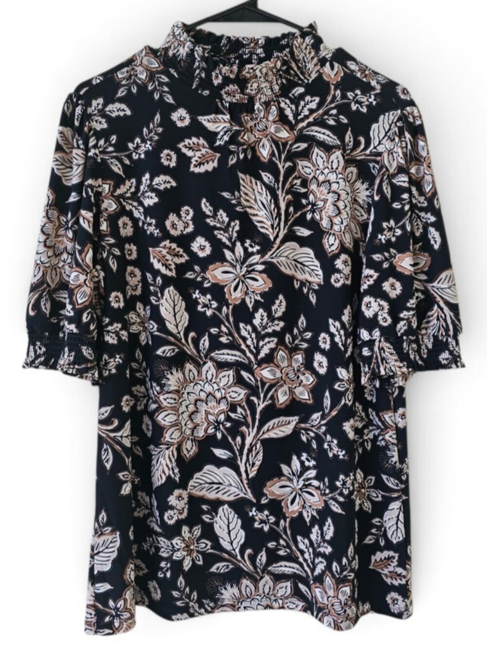 Anne Klein Ruffle Neck Floral Top Black & Brown Size M